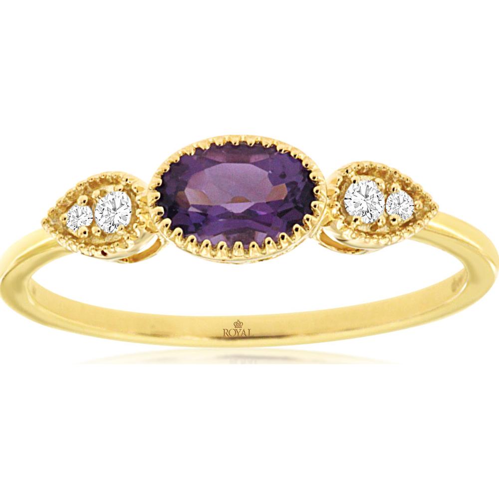 14K Yellow Gold Oval Amethyst Ring with Diamond Accent Side Details - 0.40 Carat Amethyst & 0.05 Carat Diamond Weight - Royal Jewelry