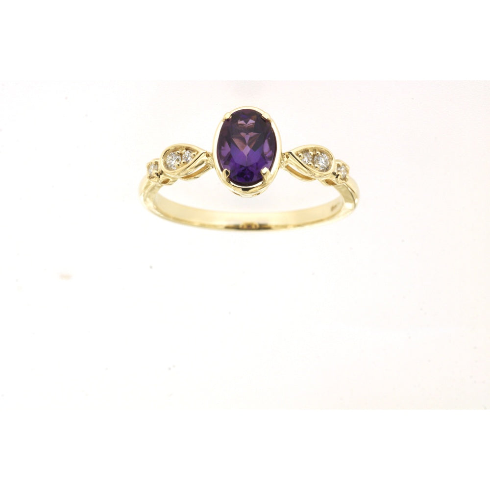 14K Yellow Gold Oval Amethyst Ring with Diamond Accented Swirl Shoulders - 0.70 Carat Amethyst and 0.08 Carat Total Diamond Weight - Royal Jewelry