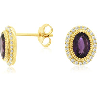 14K Yellow Gold Oval Amethyst Stud Earrings with Diamond Halo and Milgrain Detail - 1.36 Carat Total Amethyst Weight and 0.19 Carat Total Diamond Weight - Royal Jewelry