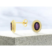 14K Yellow Gold Oval Amethyst Stud Earrings with Diamond Halo and Milgrain Detail - 1.36 Carat Total Amethyst Weight and 0.19 Carat Total Diamond Weight - Royal Jewelry