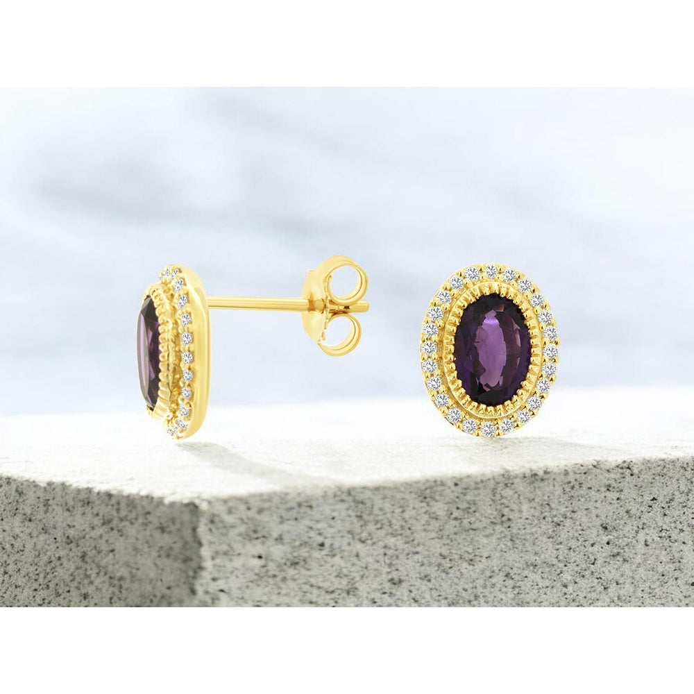 14K Yellow Gold Oval Amethyst Stud Earrings with Diamond Halo and Milgrain Detail - 1.36 Carat Total Amethyst Weight and 0.19 Carat Total Diamond Weight - Royal Jewelry
