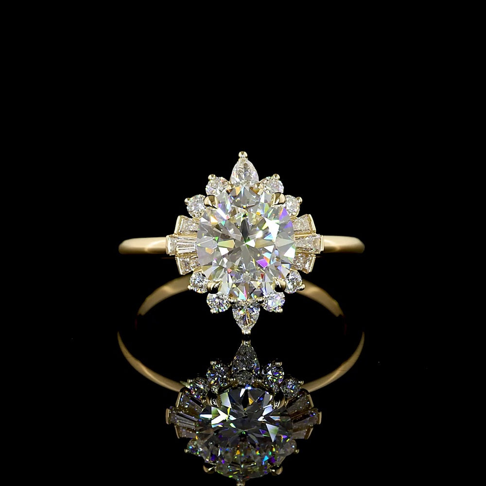 14K Yellow Gold Oval and Baguette Halo Ring with 1.83 Carats E VVS2 Lab Diamond Center and 2.28 Carats Total Diamond Weight - Covaloro Fine Jewelry