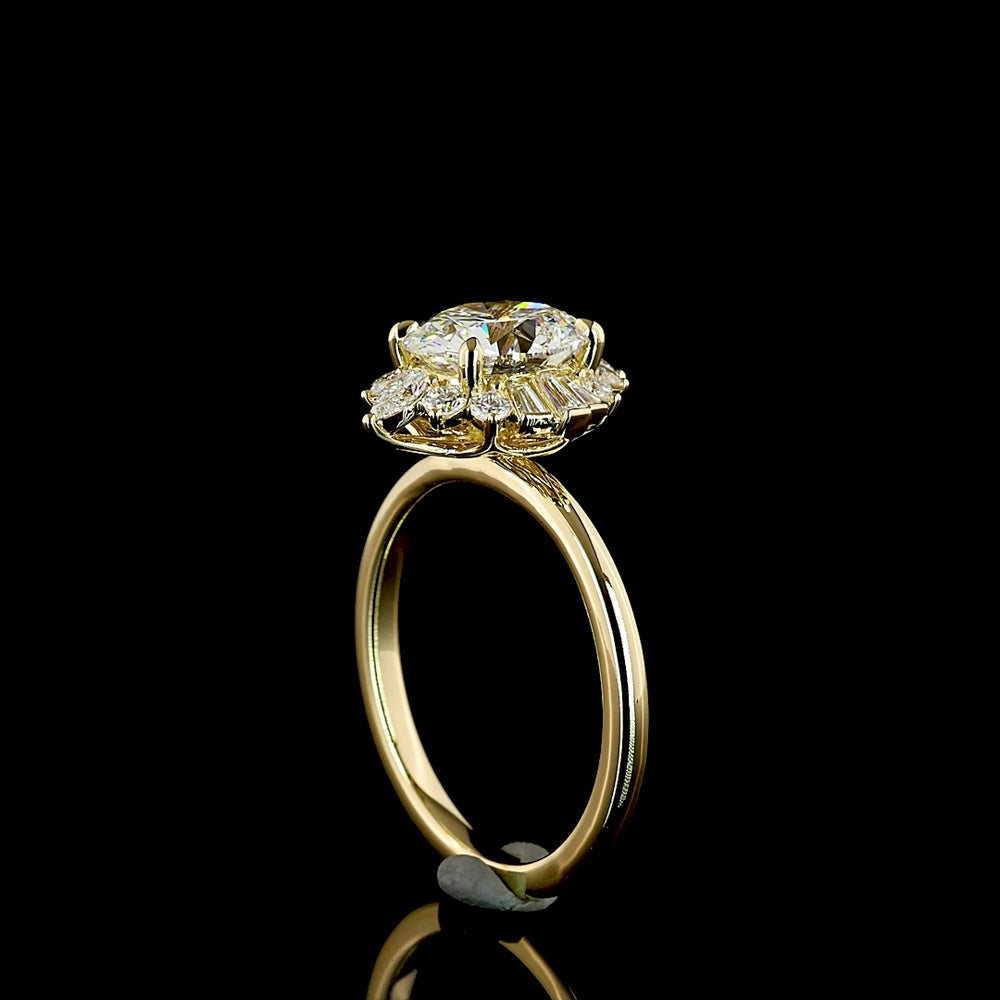 14K Yellow Gold Oval and Baguette Halo Ring with 1.83 Carats E VVS2 Lab Diamond Center and 2.28 Carats Total Diamond Weight - Covaloro Fine Jewelry