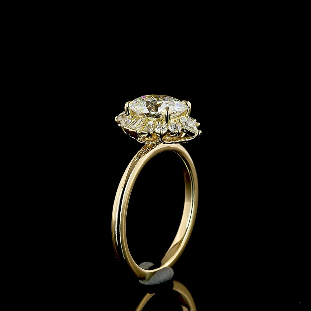 14K Yellow Gold Oval and Baguette Halo Ring with 1.83 Carats E VVS2 Lab Diamond Center and 2.28 Carats Total Diamond Weight - Covaloro Fine Jewelry