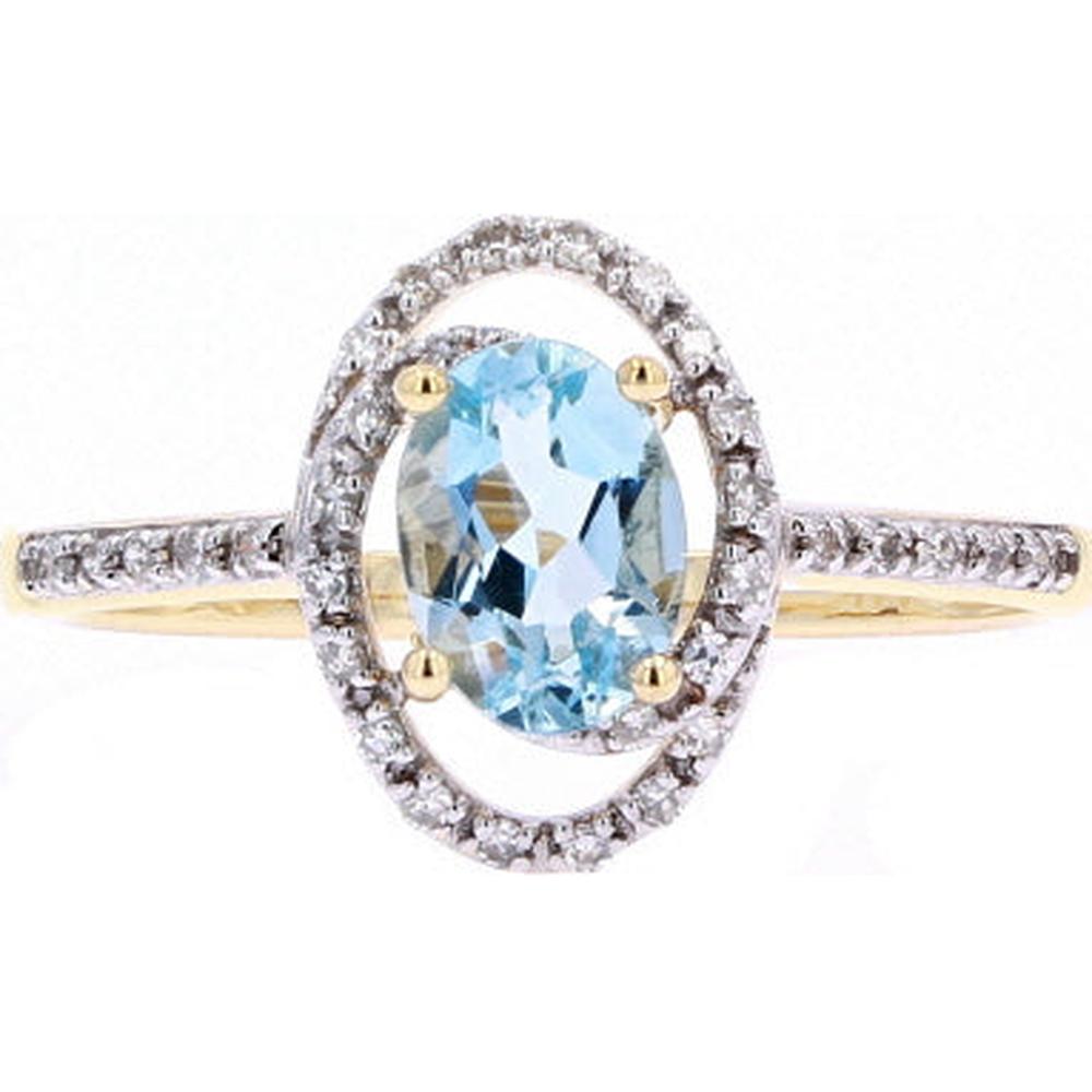 14K Yellow Gold Oval Aqua Gemstone Halo Ring with 1/10 Carat Diamonds
