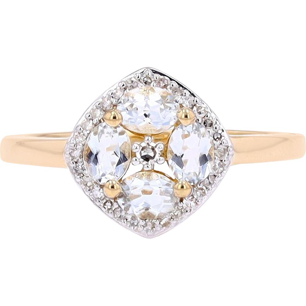 14K Yellow Gold Oval Aquamarine and Diamond Cluster Halo Ring - 0.13 Carats Total Diamond Weight