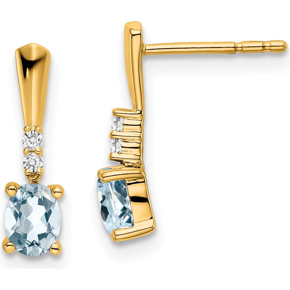 14K Yellow Gold Oval Aquamarine and Diamond Dangle Earrings - 0.75 Carat Total Aquamarine Weight, 0.02 Carat Total Diamond Weight by Oro Pregiato