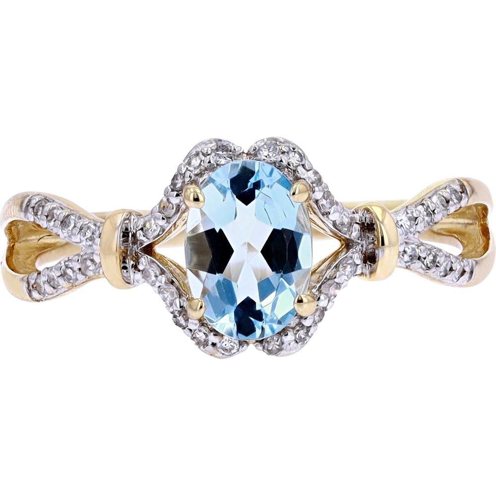 14K Yellow Gold Oval Aquamarine and Diamond Halo Ring with Milgrain Detail - 0.14 Carats Total Diamond Weight
