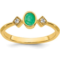14K Yellow Gold Oval Bezel Emerald and Diamond Ring with Round Diamonds - 0.22 Carat Total Gem Weight by 0