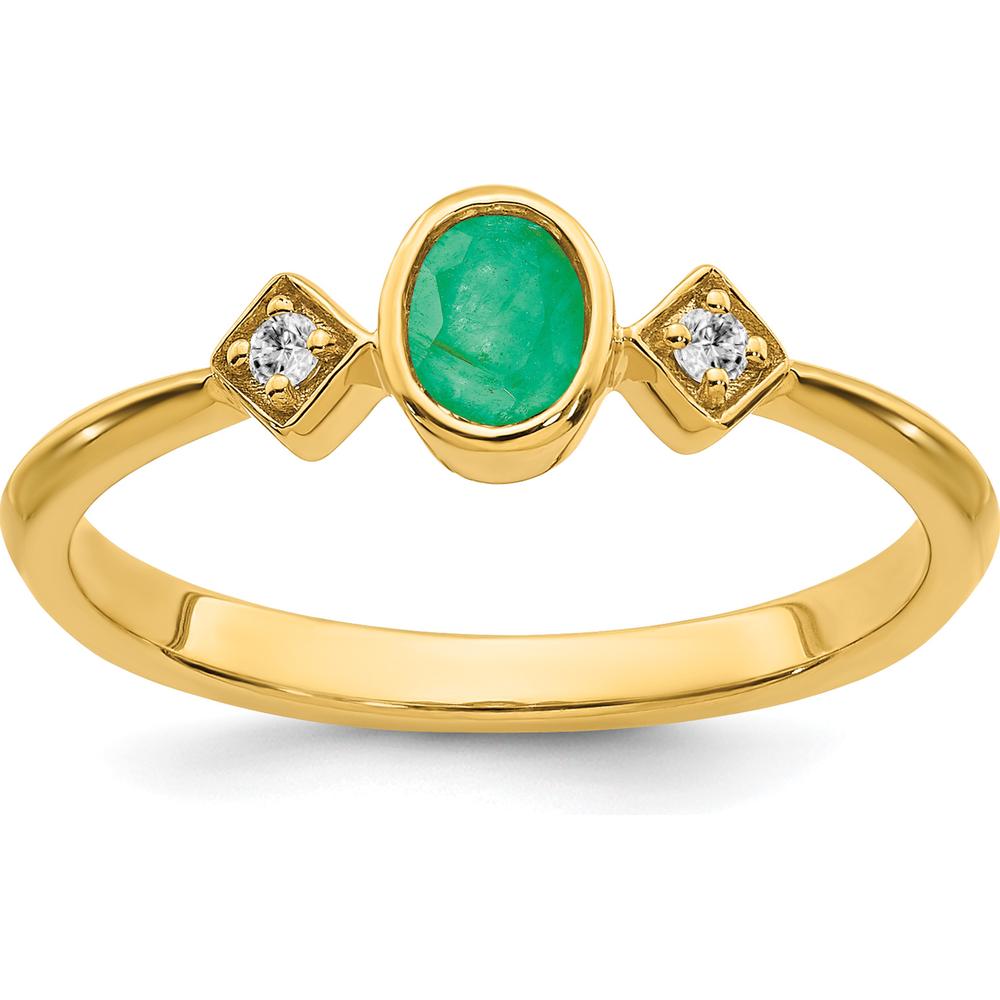 14K Yellow Gold Oval Bezel Emerald and Diamond Ring with Round Diamonds - 0.22 Carat Total Gem Weight by 0