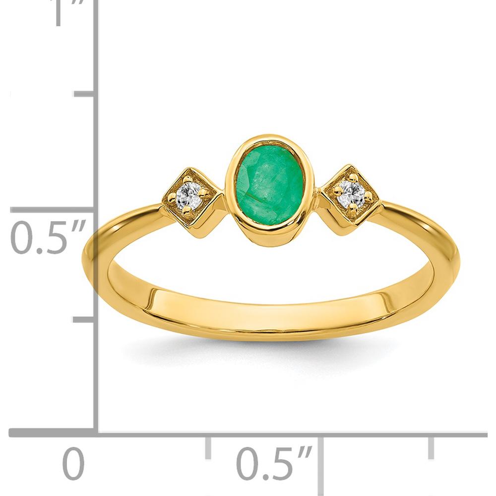 14K Yellow Gold Oval Bezel Emerald and Diamond Ring with Round Diamonds - 0.22 Carat Total Gem Weight by 0