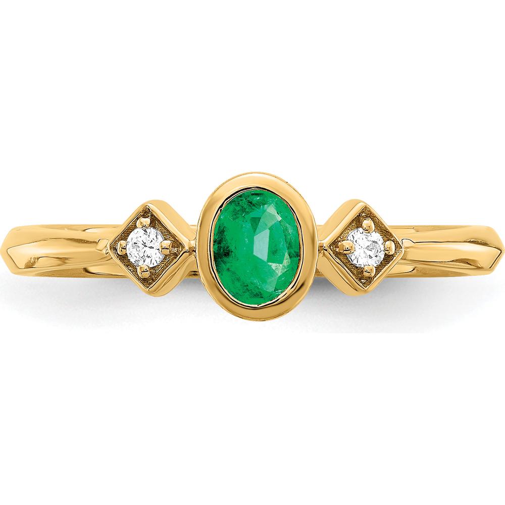 14K Yellow Gold Oval Bezel Emerald and Diamond Ring with Round Diamonds - 0.22 Carat Total Gem Weight by 0