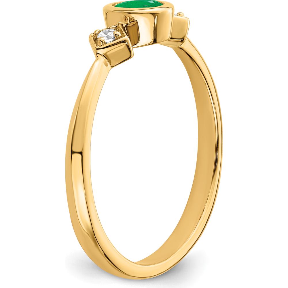 14K Yellow Gold Oval Bezel Emerald and Diamond Ring with Round Diamonds - 0.22 Carat Total Gem Weight by 0