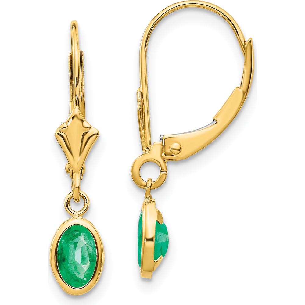 14K Yellow Gold Oval Bezel-Set Emerald Leverback Drop Earrings - 0.50 Carat Total Emerald Weight by Oro Pregiato