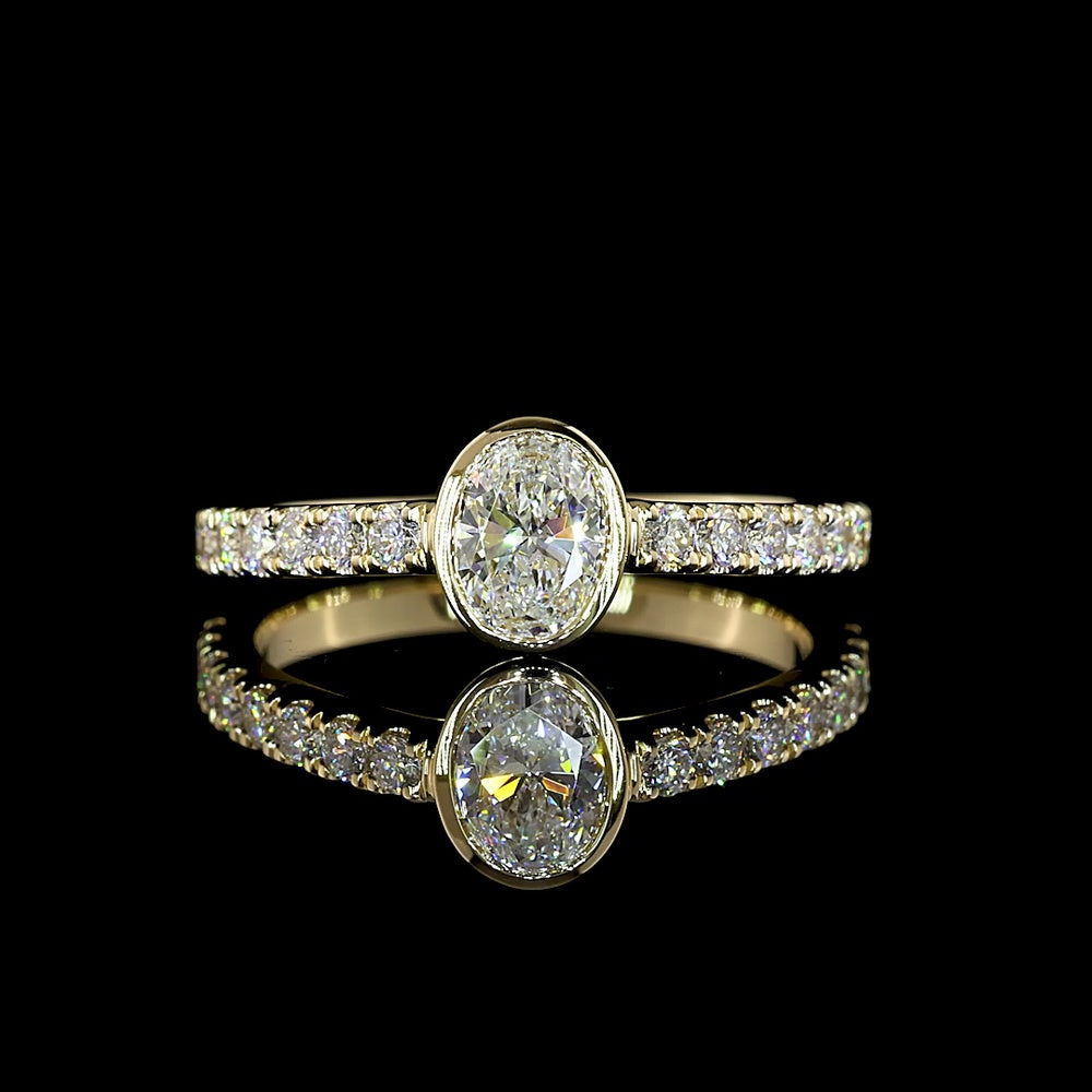 14K Yellow Gold Oval Bezel-Set Solitaire Ring with Diamond Shank - 0.75 Carats Total Diamond Weight - Covaloro Fine Jewelry