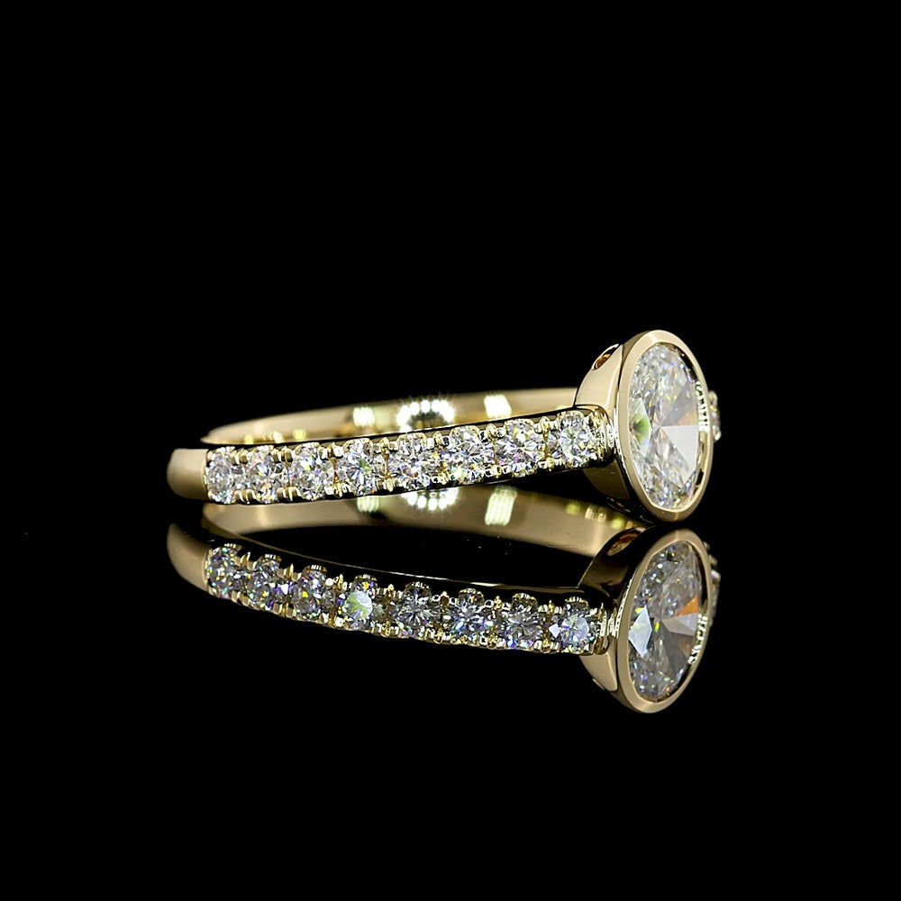 14K Yellow Gold Oval Bezel-Set Solitaire Ring with Diamond Shank - 0.75 Carats Total Diamond Weight - Covaloro Fine Jewelry