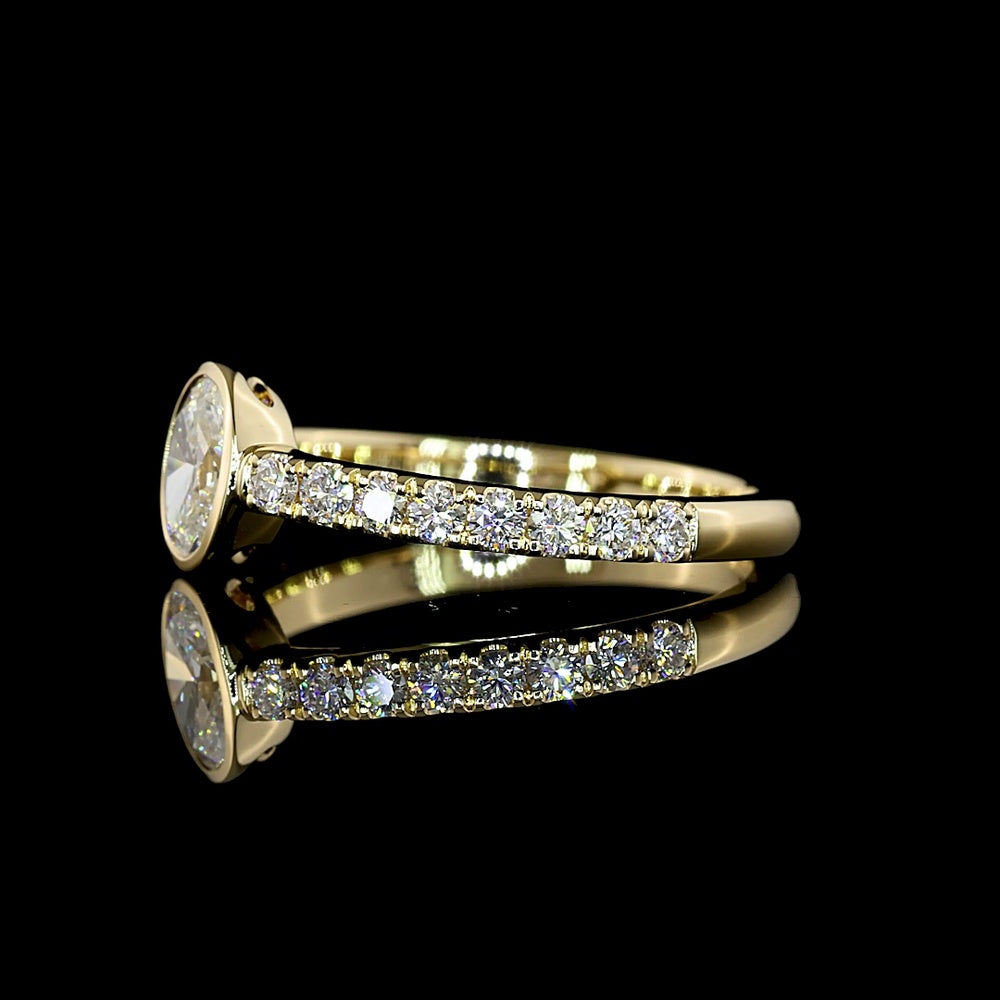 14K Yellow Gold Oval Bezel-Set Solitaire Ring with Diamond Shank - 0.75 Carats Total Diamond Weight - Covaloro Fine Jewelry