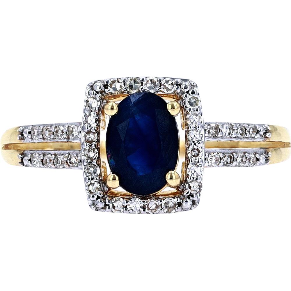 14K Yellow Gold Oval Blue Sapphire Ring with Diamond Halo and Split Shank - 0.18 Carats Total Diamond Weight