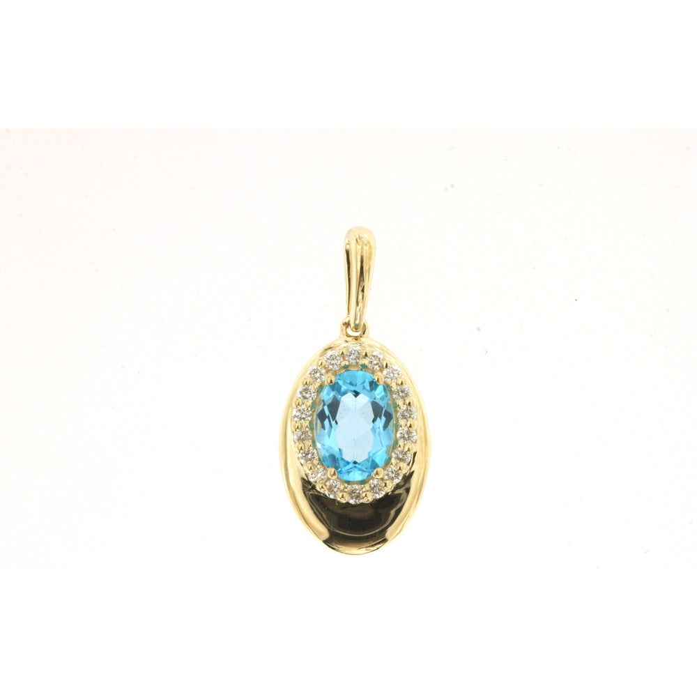 14K Yellow Gold Oval Blue Topaz and Diamond Halo Pendant - 0.85 Carat Blue Topaz and 0.15 Carat Total Diamond Weight - Royal Jewelry