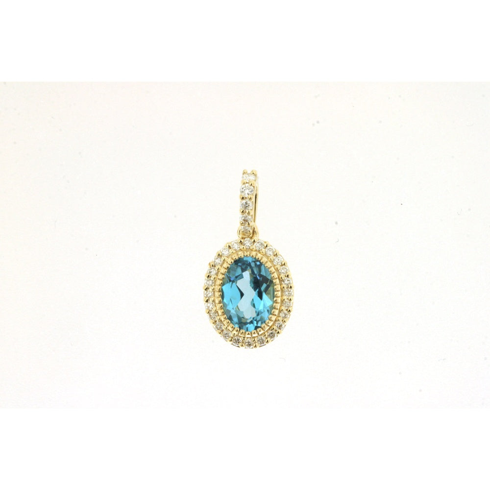 14K Yellow Gold Oval Blue Topaz and Diamond Halo Pendant with Pavé-Set Bale - 0.88 Carat Blue Topaz and 0.12 Carat Total Diamond Weight - Royal Jewelry