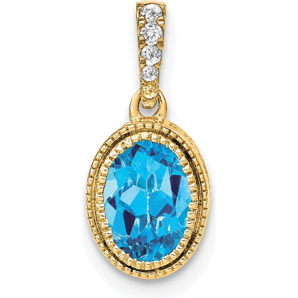 14K Yellow Gold Oval Blue Topaz and Round Diamond Pendant - 0.905 Carat Blue Topaz, 0.0485 Carat Diamond Weight by Lumare Gioia