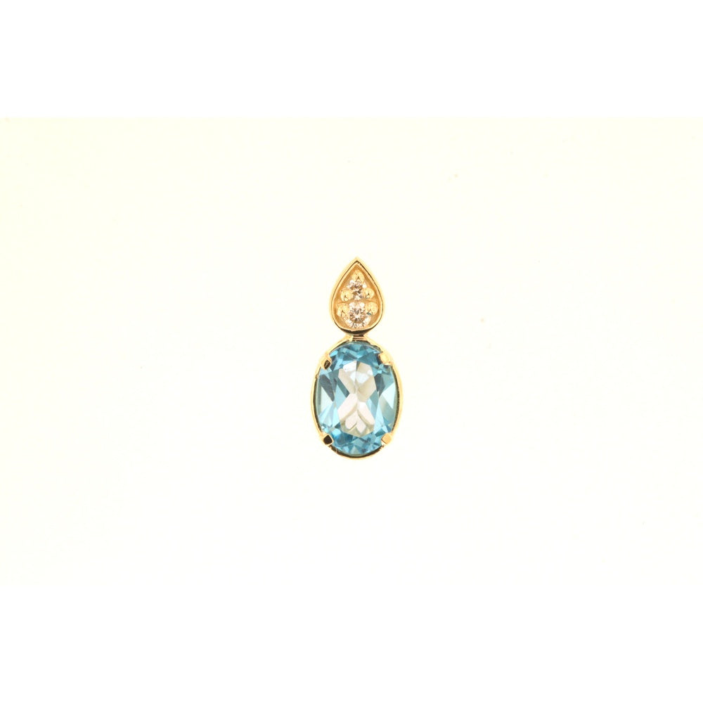 14K Yellow Gold Oval Blue Topaz Pendant Necklace with Three-Round Diamond Accents - 0.85 Carat Blue Topaz and 0.04 Carat Total Diamond Weight - Royal Jewelry