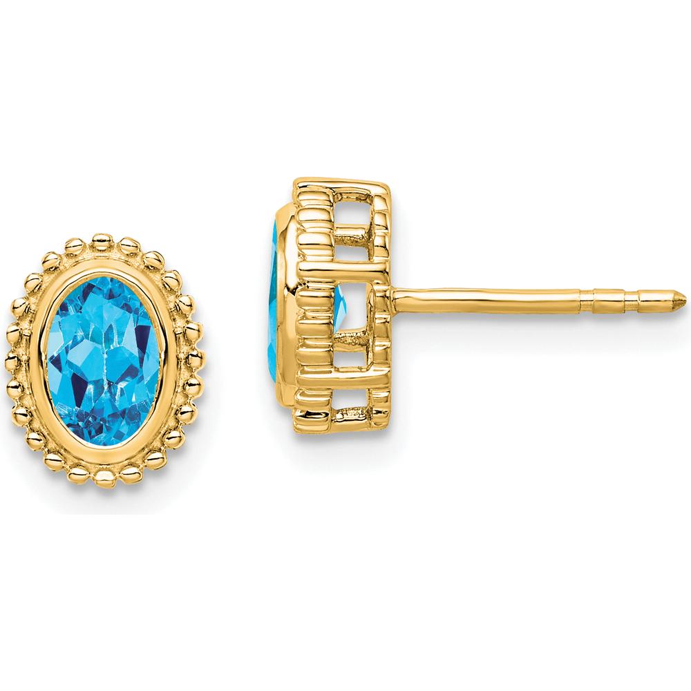 14K Yellow Gold Oval Blue Topaz Stud Earrings - 0.56 Carat Total Gemstone Weight by Monteluci Fine Jewelry