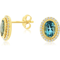 14K Yellow Gold Oval Blue Topaz Stud Earrings with Diamond Halo and Milgrain Detailing - 1.76 Carat Total Blue Topaz Weight and 0.19 Carat Total Diamond Weight - Royal Jewelry
