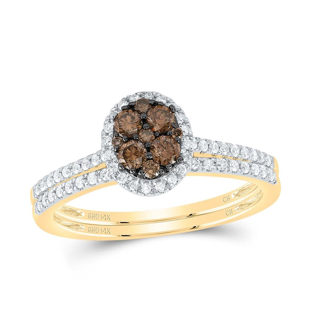 14K Yellow Gold Oval Brown and White Diamond Bridal Ring Set - 1/2 Carat Total Diamond Weight