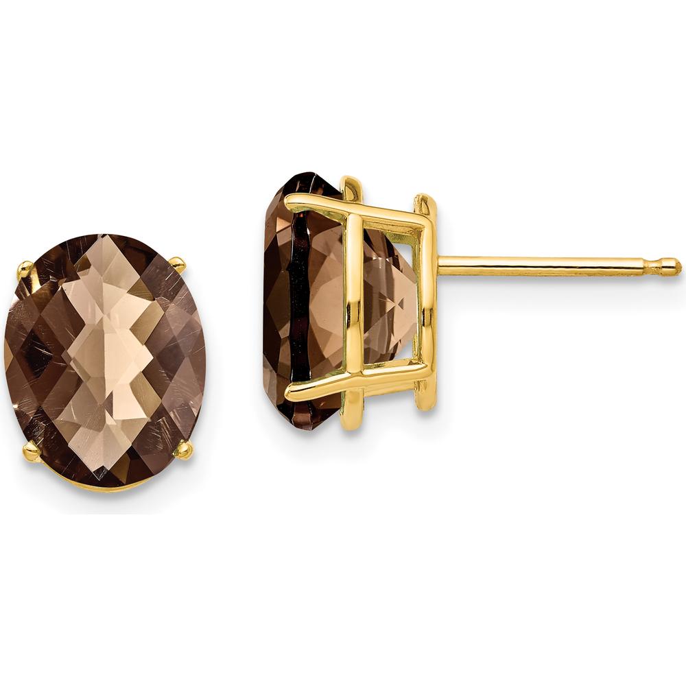 14K Yellow Gold Oval Checker-Cut Smoky Quartz Stud Earrings - 2.45 Carat Total Gemstone Weight by Monteluci Fine Jewelry