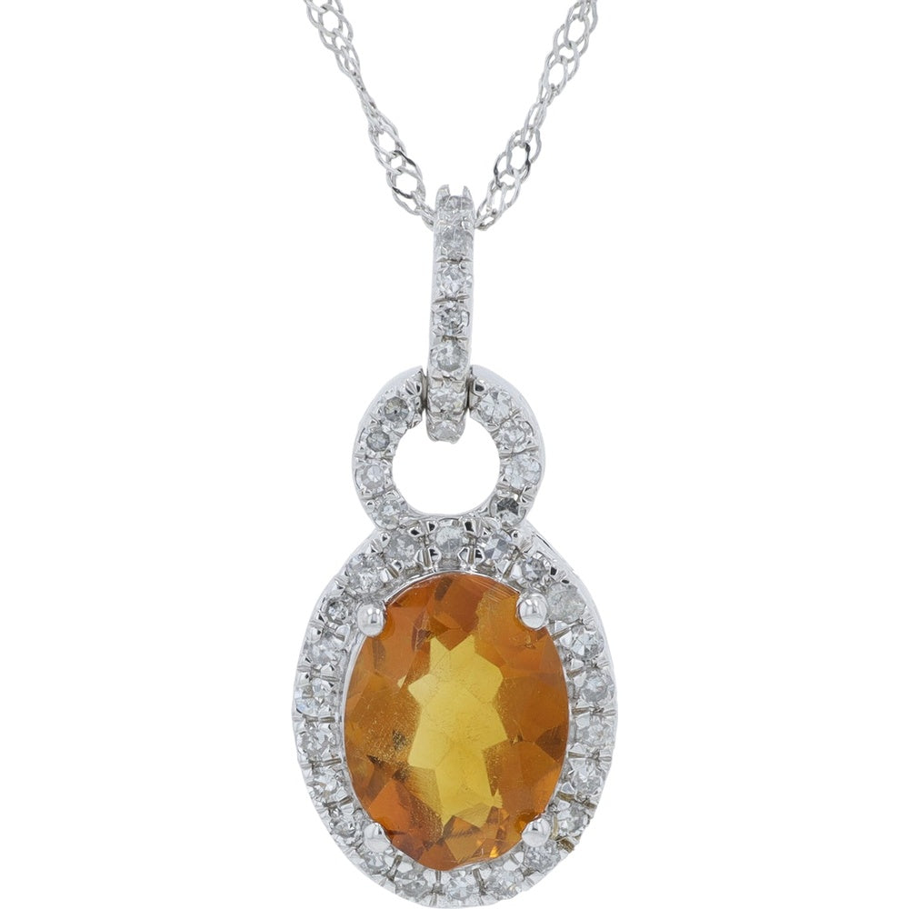 14K Yellow Gold Oval Citrine and Diamond Halo Pendant - 1.40 Carat Citrine and 0.18 Carat Total Diamond Weight