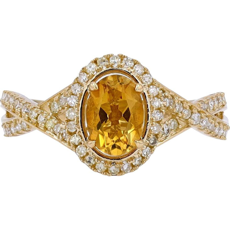 14K Yellow Gold Oval Citrine and Diamond Halo Ring - 1.00 Carats Citrine and 0.35 Carats Total Diamond Weight