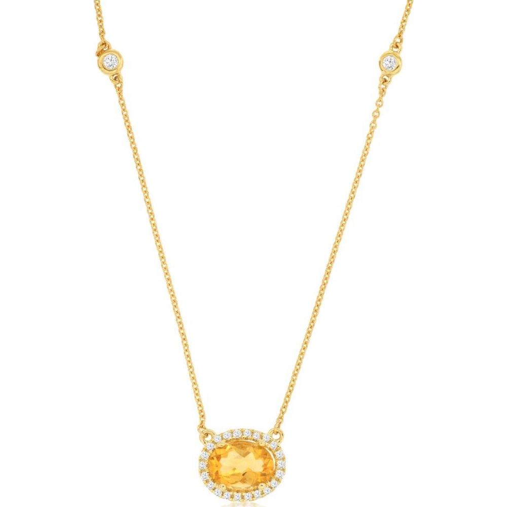 14K Yellow Gold Oval Citrine and Diamond Halo Station Necklace – 0.75 Carat Citrine, 0.27 Carat Total Diamond Weight - Royal Jewelry