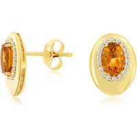 14K Yellow Gold Oval Citrine and Diamond Halo Stud Earrings with Milgrain Detail - 0.78 Carat Total Citrine Weight and 0.14 Carat Total Diamond Weight - Royal Jewelry