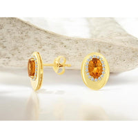 14K Yellow Gold Oval Citrine and Diamond Halo Stud Earrings with Milgrain Detail - 0.78 Carat Total Citrine Weight and 0.14 Carat Total Diamond Weight - Royal Jewelry