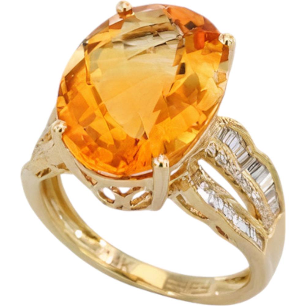 14K Yellow Gold Oval Citrine Ring with Diamond Accents by EFFY - 9.10 Carat Citrine and 0.40 Carat Diamond
