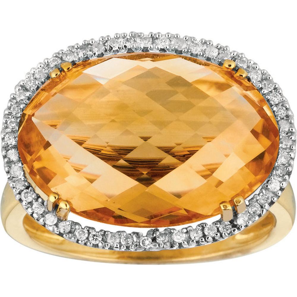 14K Yellow Gold Oval Citrine Ring with Round Diamond Halo - 13.00 Carat Citrine & 0.20 Carat Total Diamond Weight - Royal Jewelry