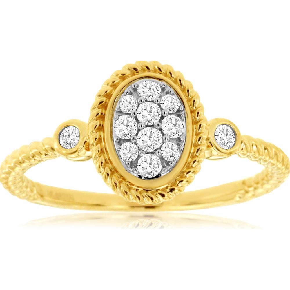 14K Yellow Gold Oval Cluster Ring with Twisted Rope Border and Bezel Set Side Diamonds - 0.19 Carat Total Diamond Weight - Royal Jewelry
