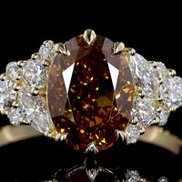 14K Yellow Gold Oval Cognac Lab Diamond Ring with Pear and Marquise Cut Accents - 2.49 Carat Total Weight, IGI Certified VS1 - Covaloro Fine Jewelry
