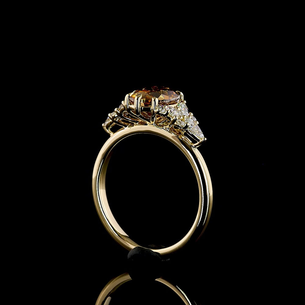 14K Yellow Gold Oval Cognac Lab Diamond Ring with Pear and Marquise Cut Accents - 2.49 Carat Total Weight, IGI Certified VS1 - Covaloro Fine Jewelry