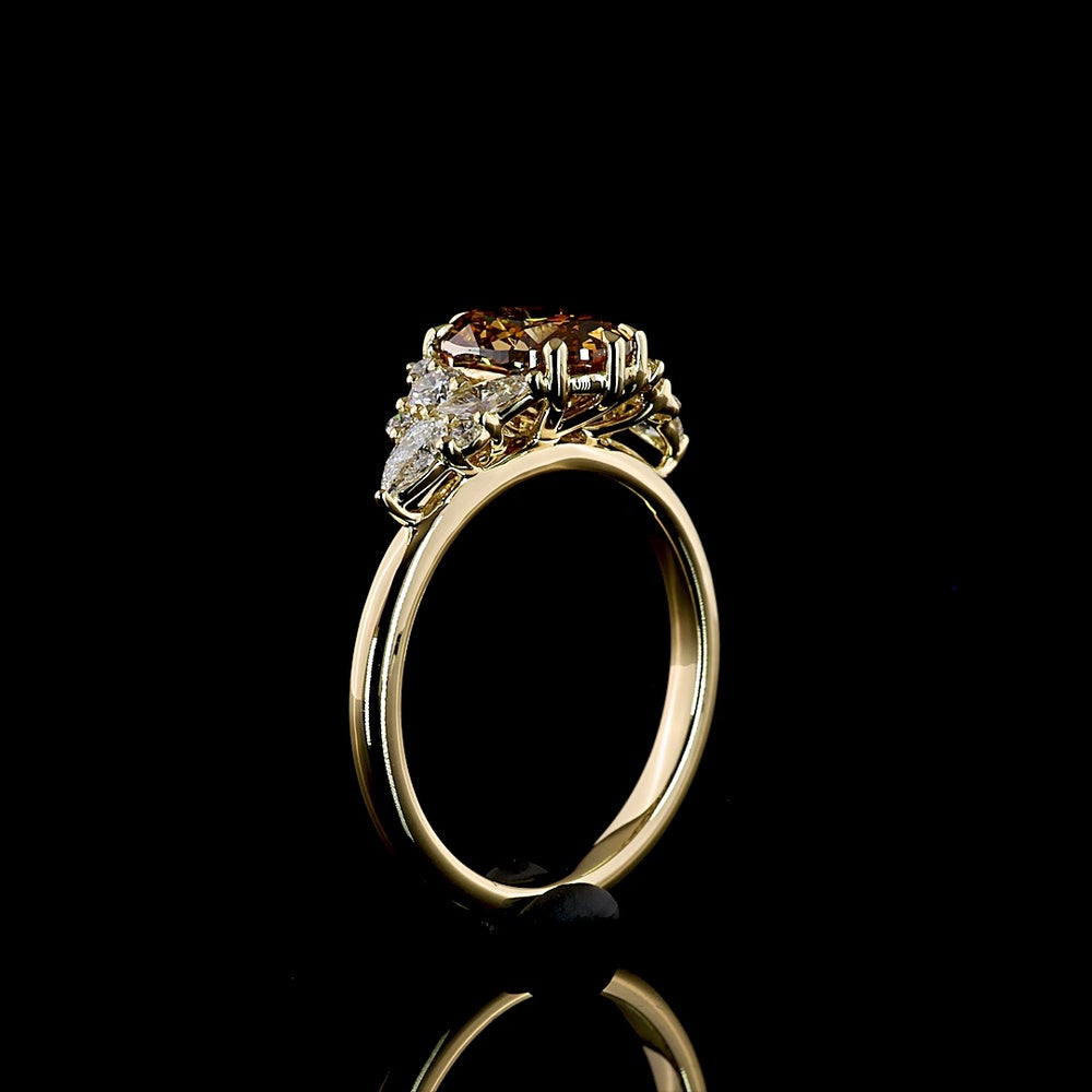 14K Yellow Gold Oval Cognac Lab Diamond Ring with Pear and Marquise Cut Accents - 2.49 Carat Total Weight, IGI Certified VS1 - Covaloro Fine Jewelry