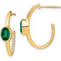 14K Yellow Gold Oval Created Emerald and Diamond J-Hoop Earrings - 1.08 Carat Total Gem Weight by Monteluci Fine Jewelry