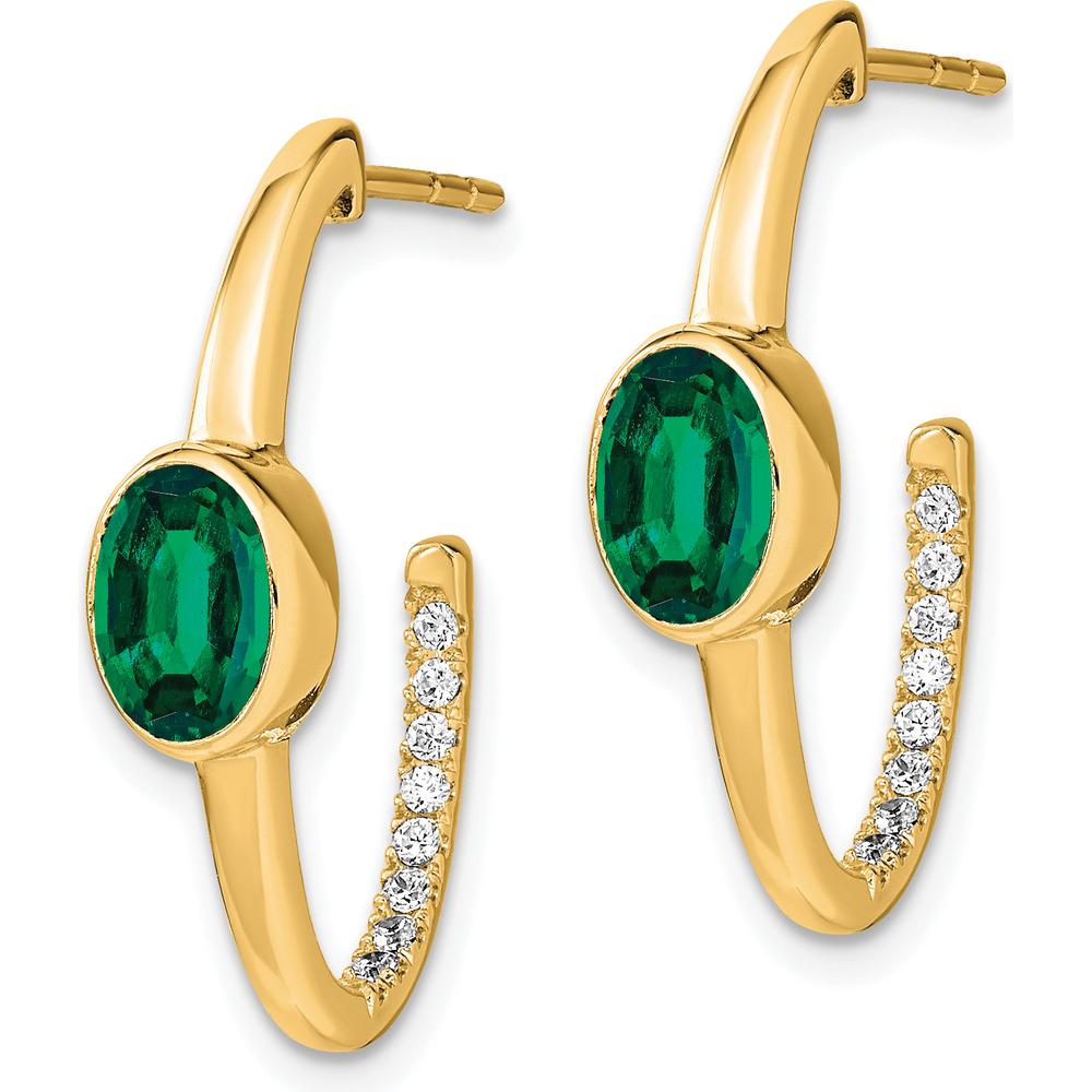 14K Yellow Gold Oval Created Emerald and Diamond J-Hoop Earrings - 1.08 Carat Total Gem Weight by Monteluci Fine Jewelry
