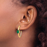 14K Yellow Gold Oval Created Emerald and Diamond J-Hoop Earrings - 1.08 Carat Total Gem Weight by Monteluci Fine Jewelry