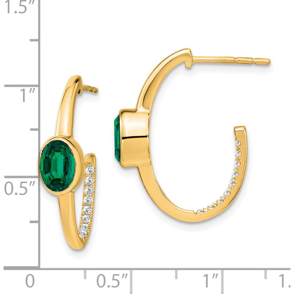 14K Yellow Gold Oval Created Emerald and Diamond J-Hoop Earrings - 1.08 Carat Total Gem Weight by Monteluci Fine Jewelry