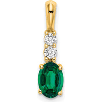 14K Yellow Gold Oval Created Emerald and Diamond Pendant - 0.065 Carat Total Diamond Weight by Oro Pregiato