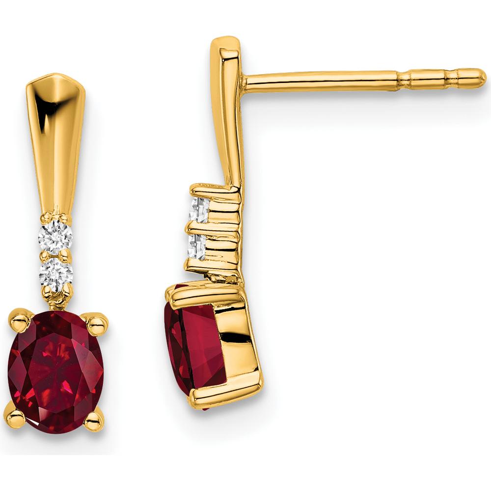 14K Yellow Gold Oval Created Ruby and Round Diamond Dangle Earrings - 0.02 Carat Total Diamond Weight by Oro Pregiato