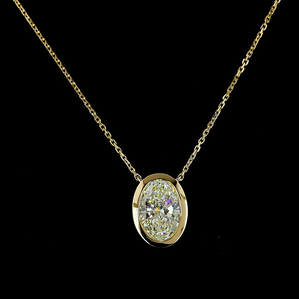 14K Yellow Gold Oval Cut Bezel Set Lab Diamond Solitaire Pendant - 2.09 Carat E-F VVS2 IGI Certified - Covaloro Fine Jewelry