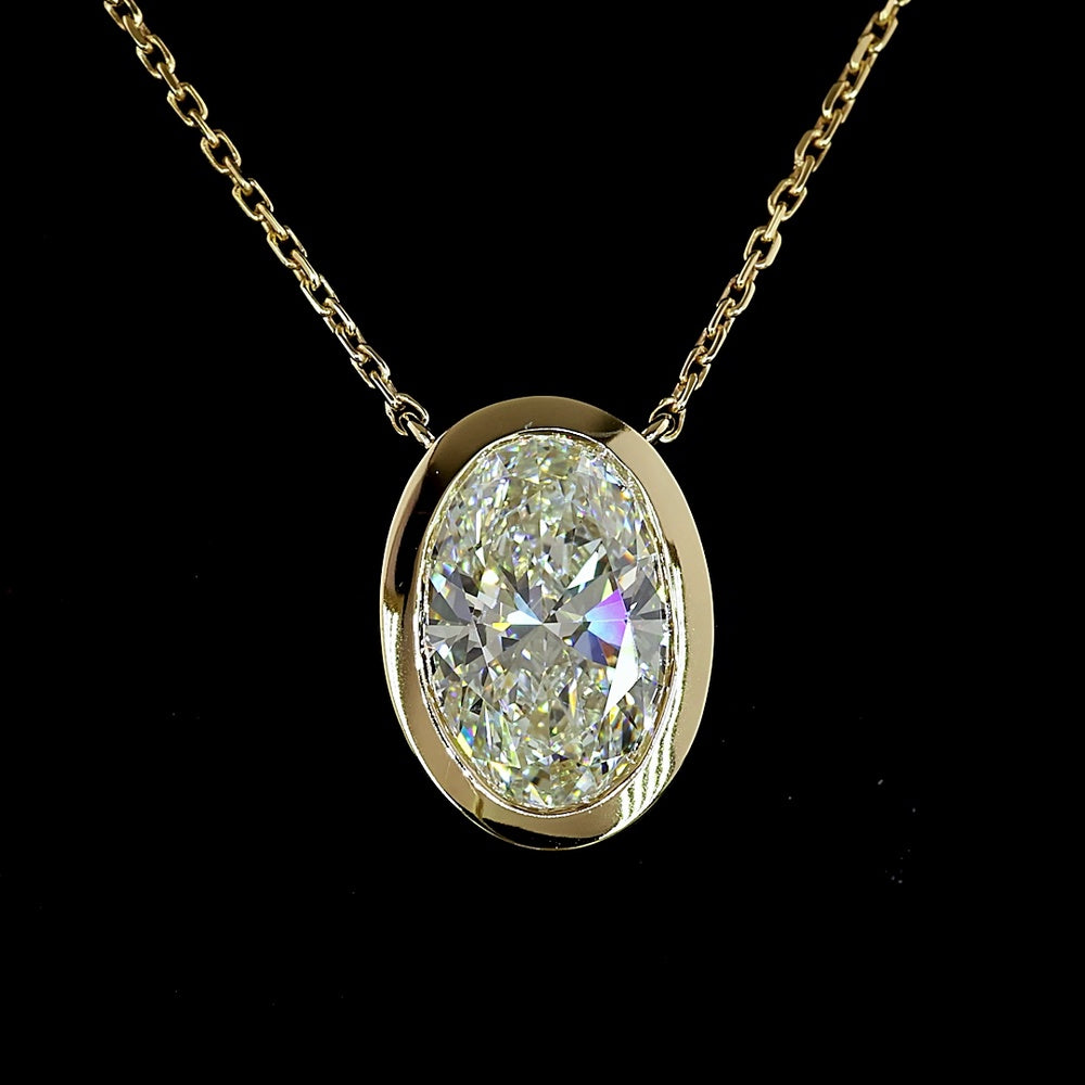 14K Yellow Gold Oval Cut Bezel Set Lab Diamond Solitaire Pendant - 2.09 Carat E-F VVS2 IGI Certified - Covaloro Fine Jewelry