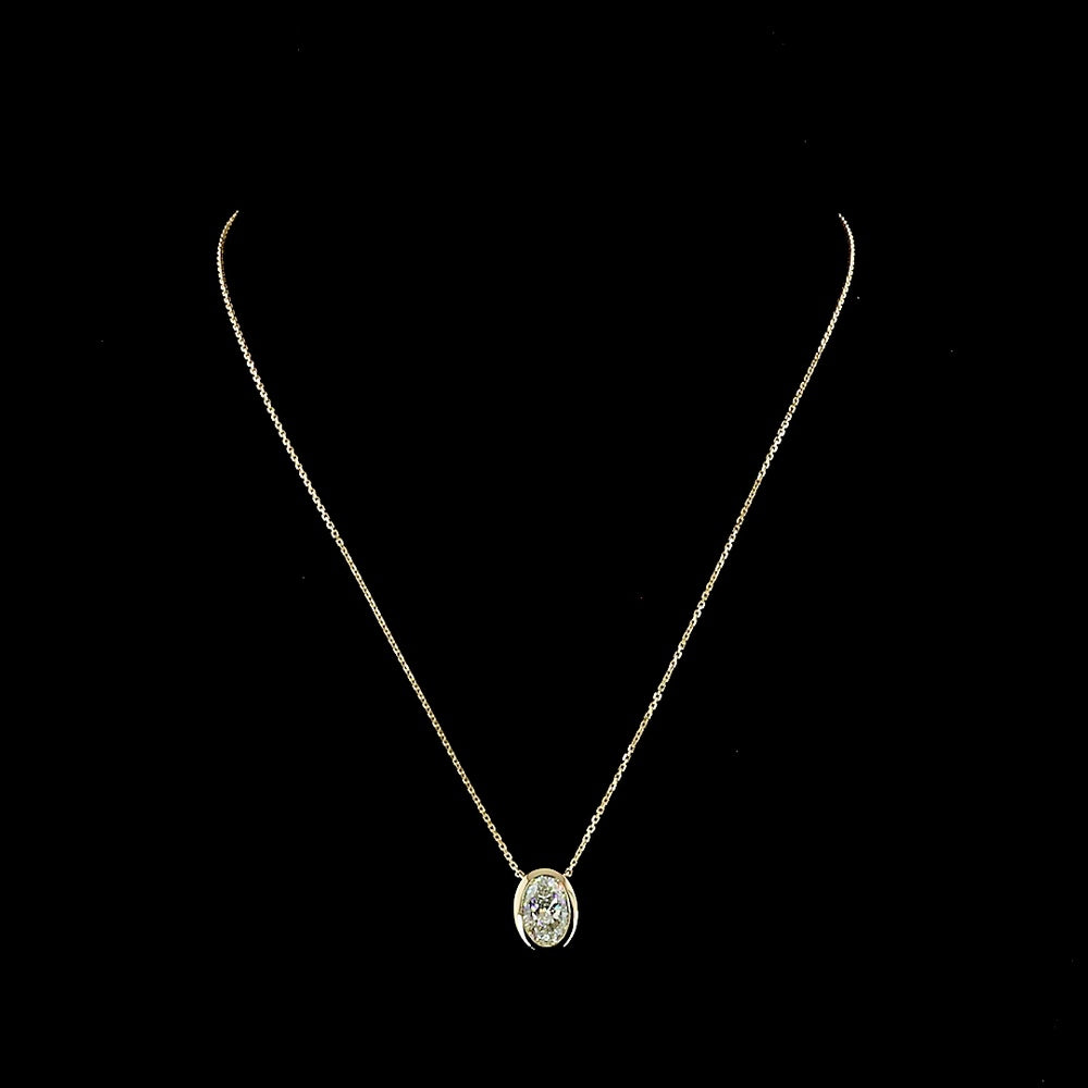 14K Yellow Gold Oval Cut Bezel Set Lab Diamond Solitaire Pendant - 2.09 Carat E-F VVS2 IGI Certified - Covaloro Fine Jewelry